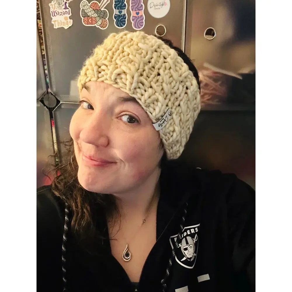 Hand Knit Merino Wool Headband - Lean On Me Design - Ivory Merino Wool